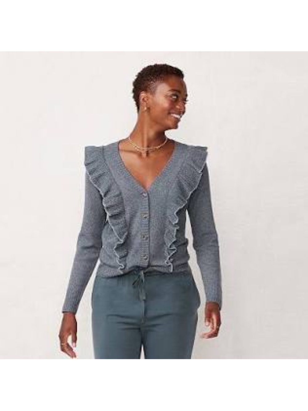 LC Lauren Conrad Ruffled V-Neck Button-Front Sweater - Steel Blue🦕